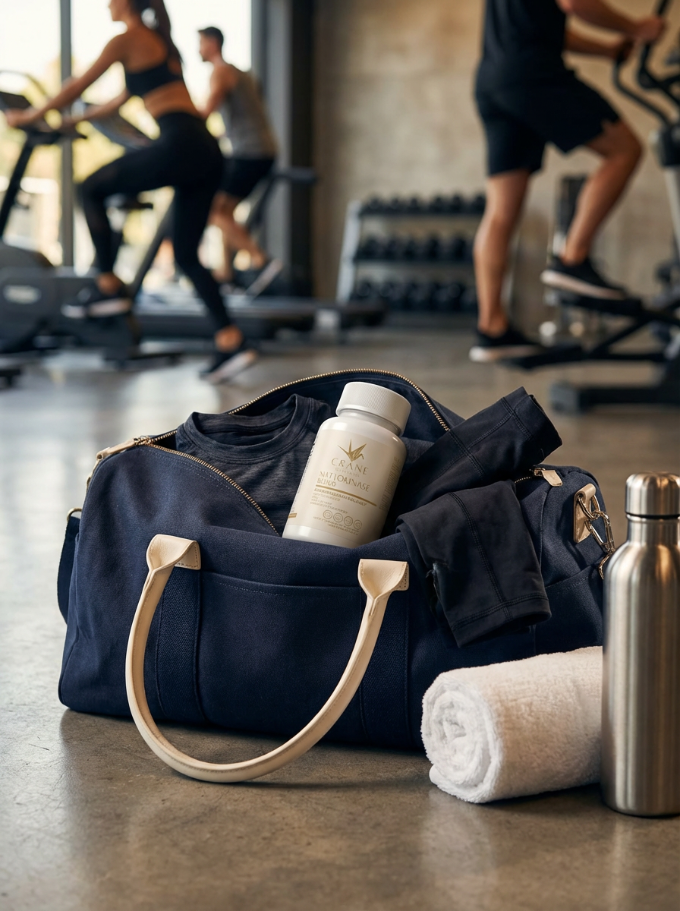 Nattokinase supplement bottle in gym bag