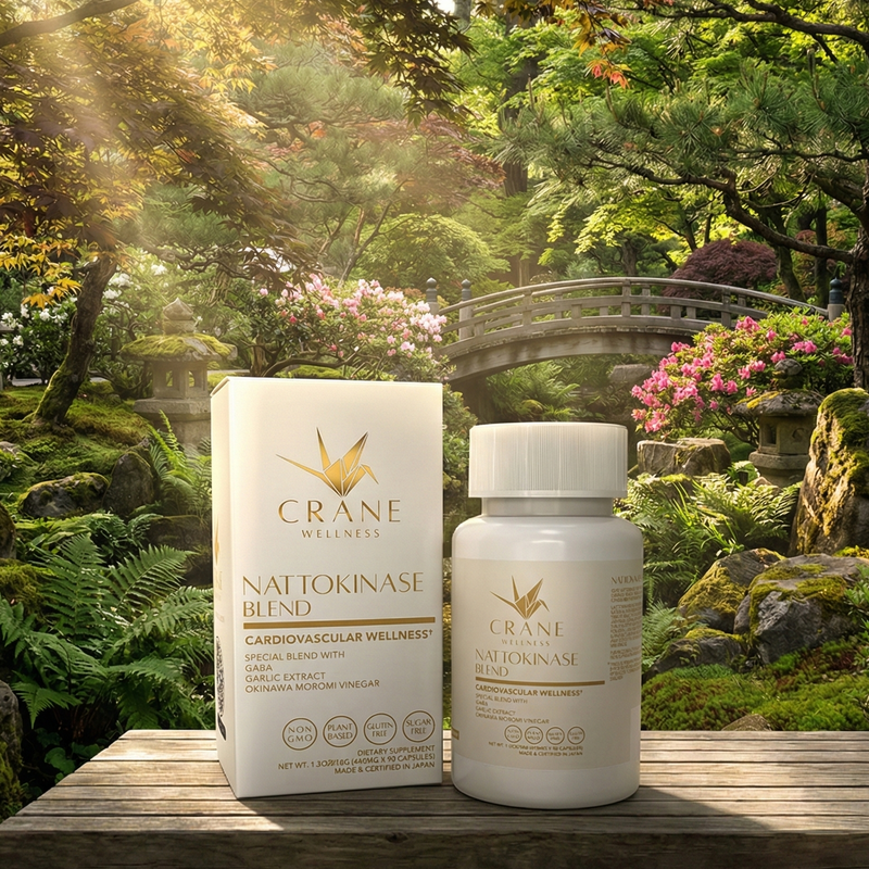 crane wellness nattokinase blend in japanese garden - natural heart health and circulation support