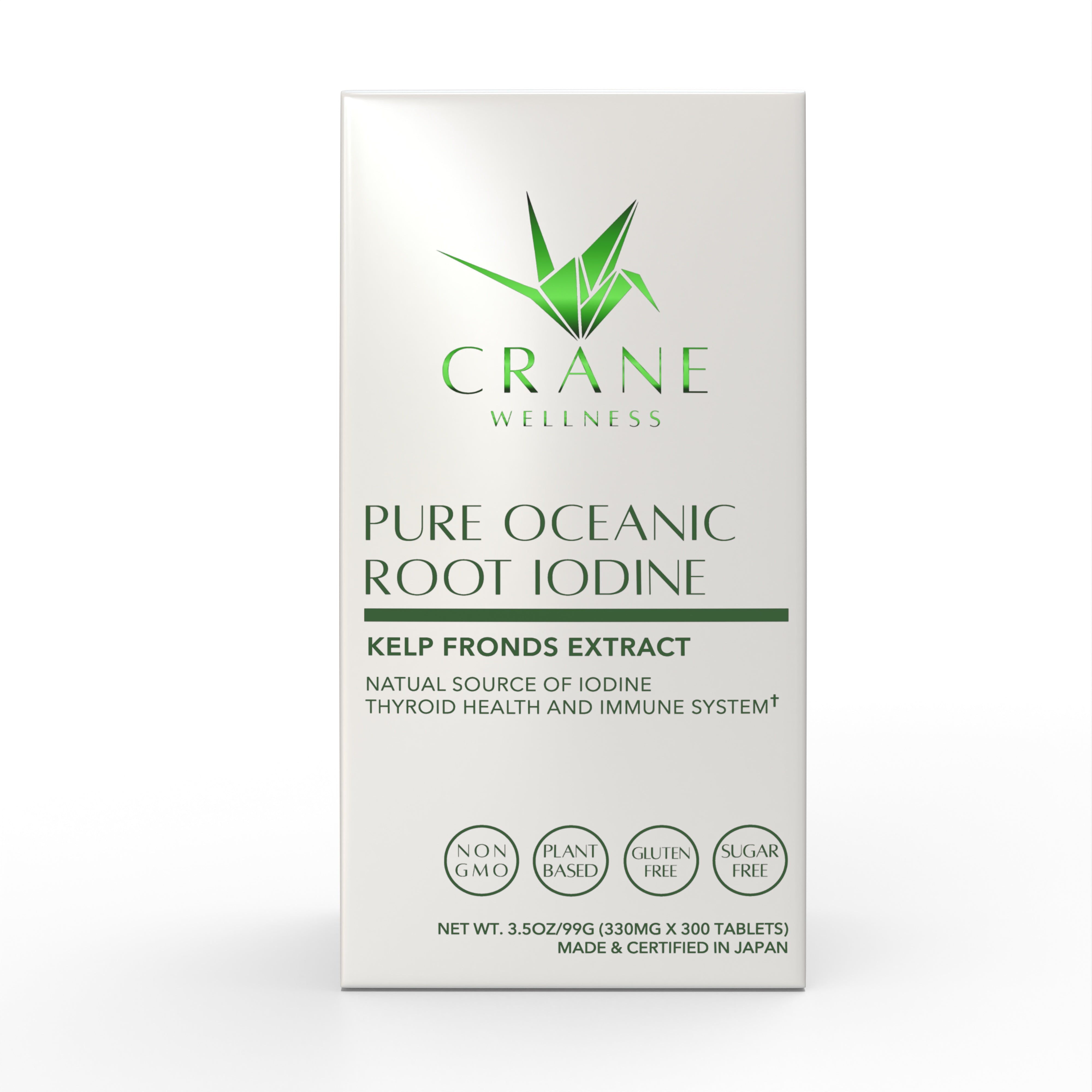 Front box image of the Pure Oceanic Root Iodine Kelp Fronds Extract tablets box. 300 tablets. Made and certified in Japan. Non-gmo, plant based, gluten free, and sugar free.