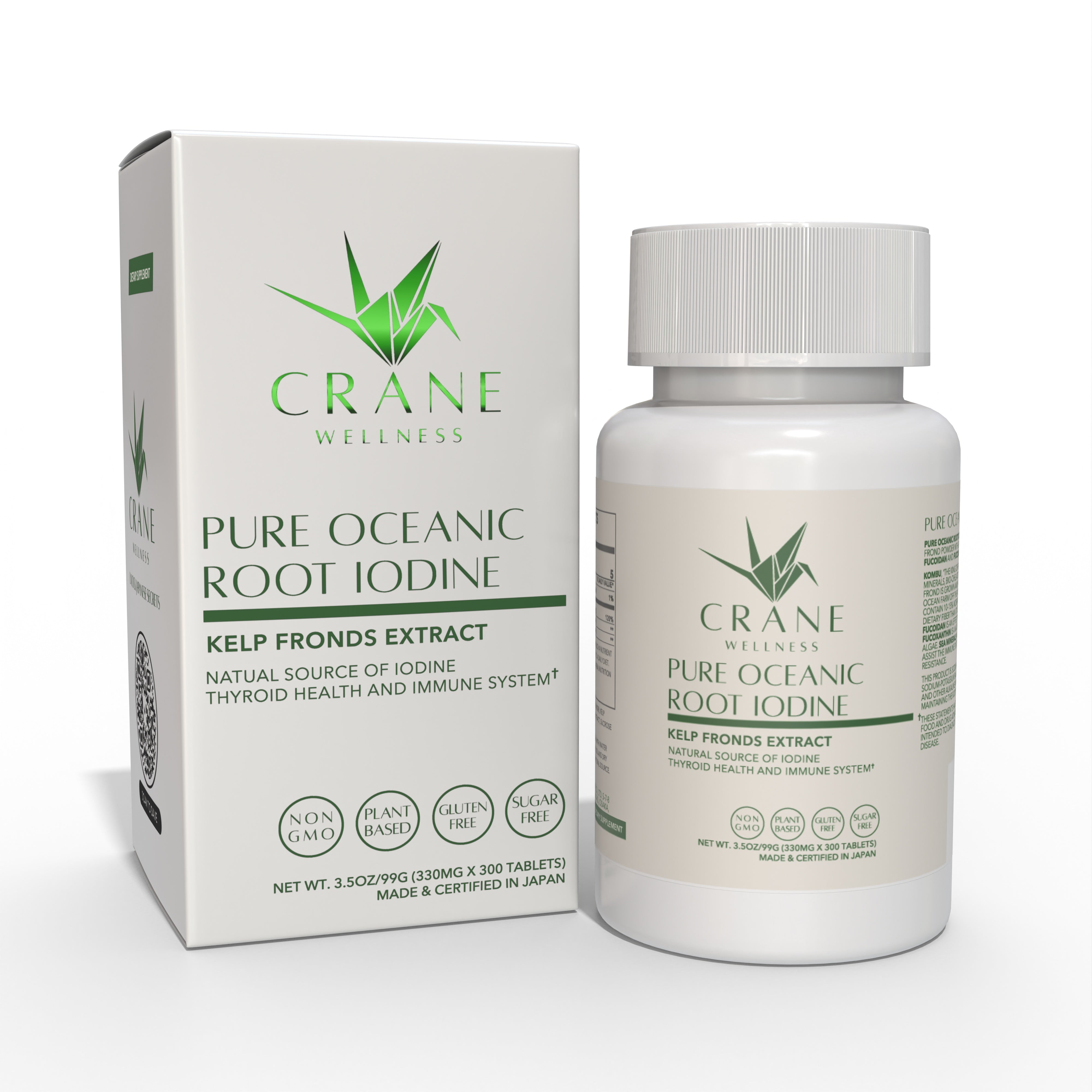 Outer box and bottle of Pure Oceanic Root Iodine Kelp Fronds Extract by Crane Wellness