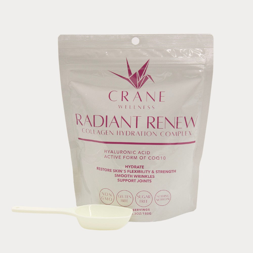 Front of  Radiant Renew Collagen Hydration Complex powder bag with the scoop sitting in front of it.