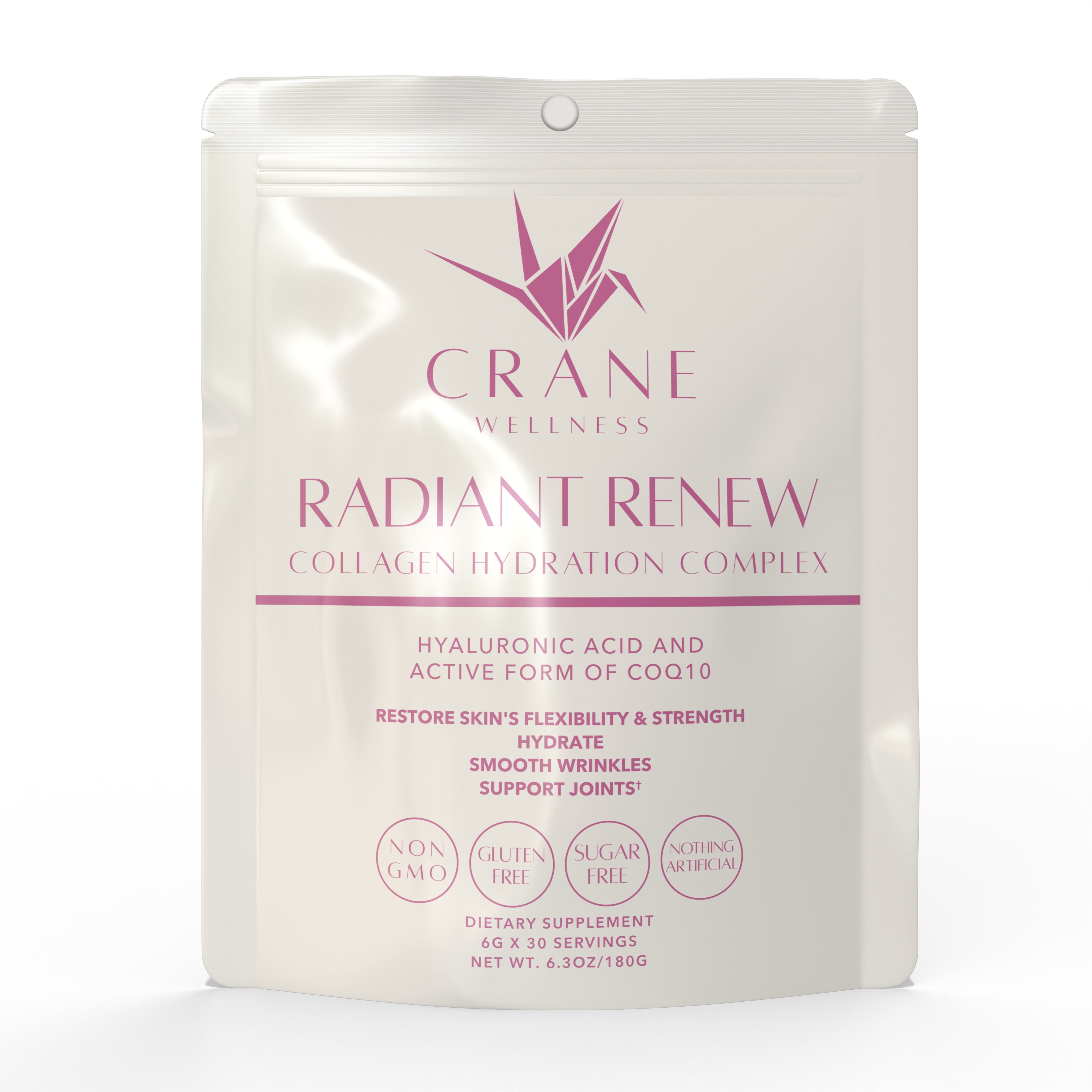 Front of Radiant Renew Collagen Hydration Complex powder with hyaluronic acid and CoQ10 to restore skin's flexibility and strength, hydrate skin, smooth wrinkles and support healthy joints. Non-gmo, gluten free, sugar free, and nothing artificial. 30 servings per bag.