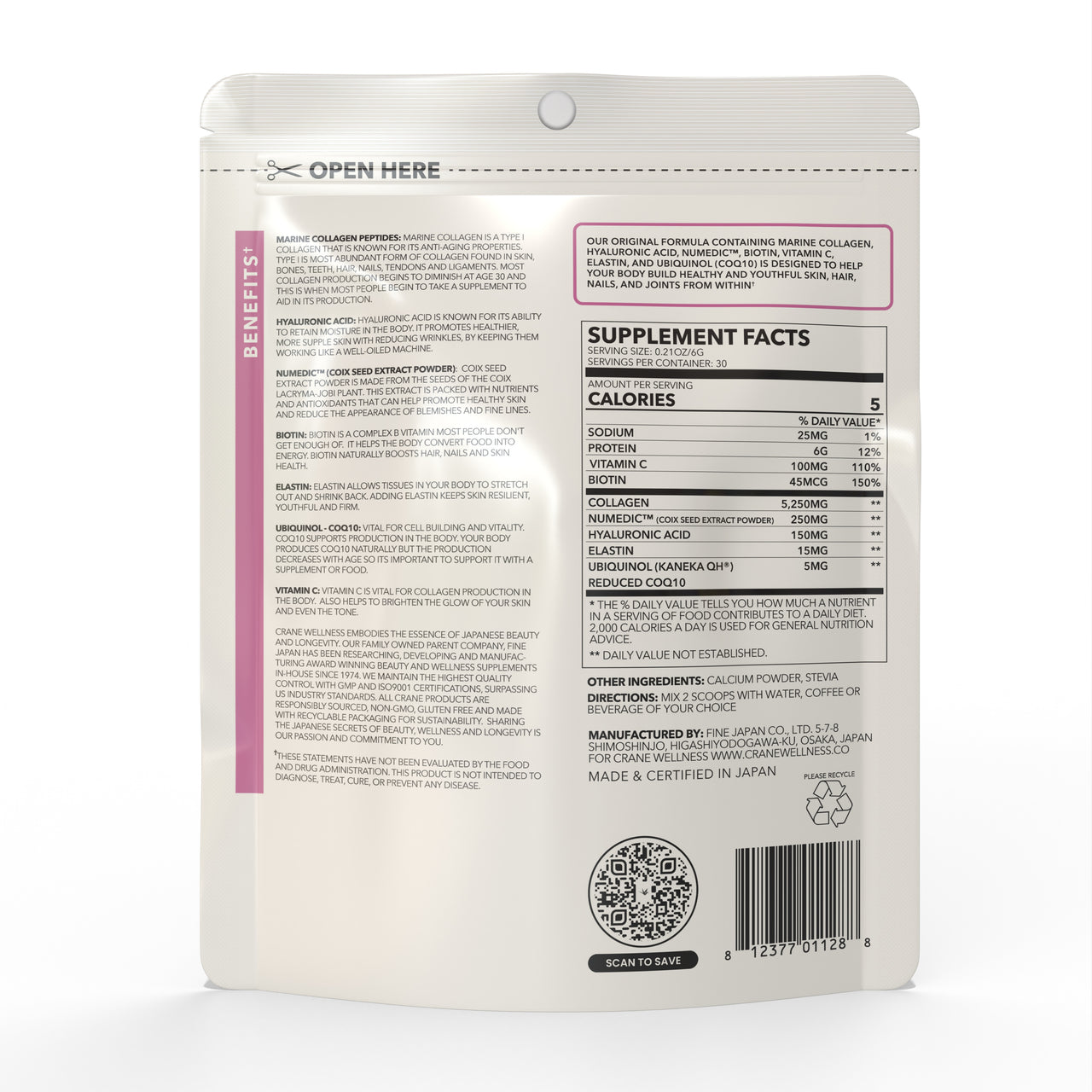  Radiant Renew Collagen Hydration Complex powder back of bag with details about the benefits of ingredients (marine collagen peptides, hyaluronic acid, coix seed extract powder, biotin, elastin, coQ10, and vitamin c) and the supplement facts and directions for use. Made and certified in Japan.