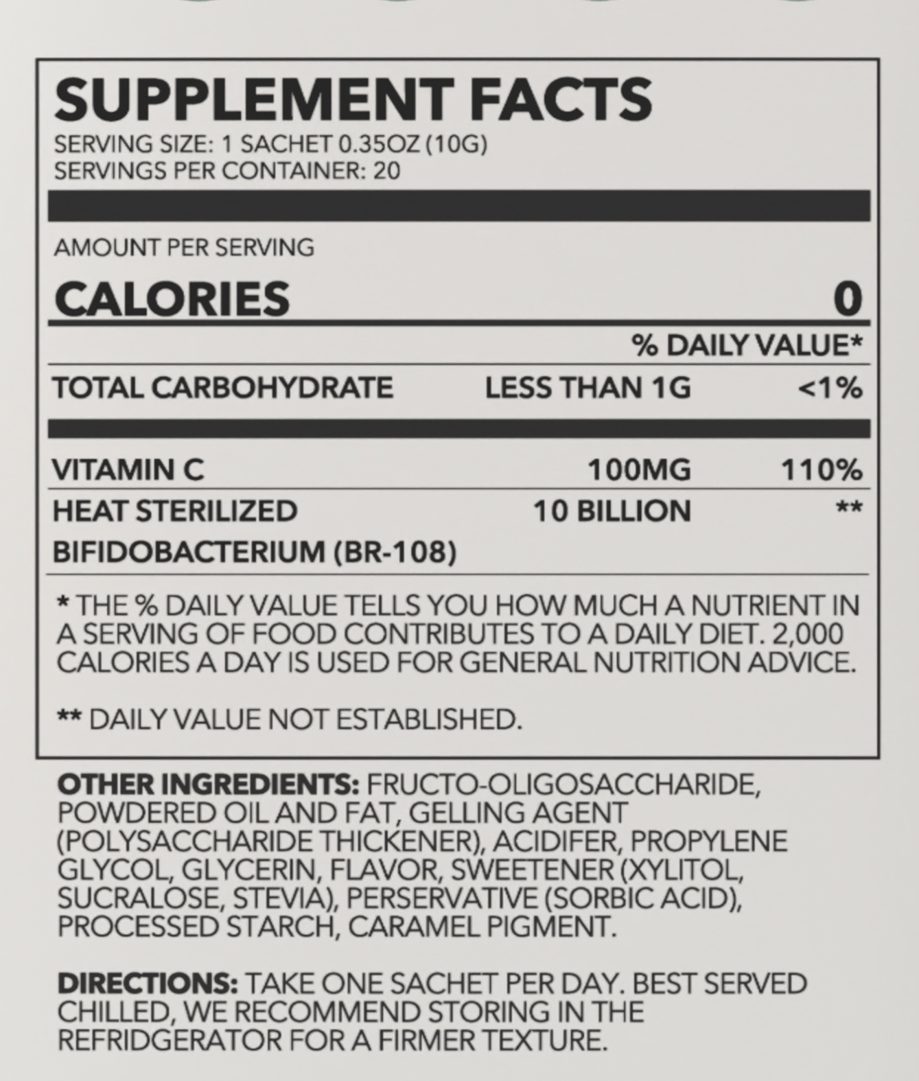 Supplement facts for Probiotic-C Jelly Sticks with 10 billion heat sterilized bifidobacterium longum and 110% of daily vitamin C.