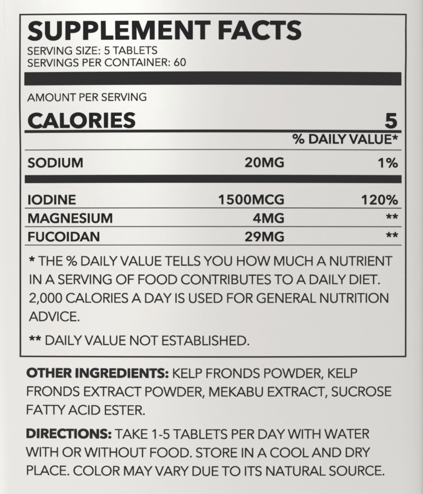 Supplement facts for Pure Oceanic Root Iodine Kelp Fronds Extract 