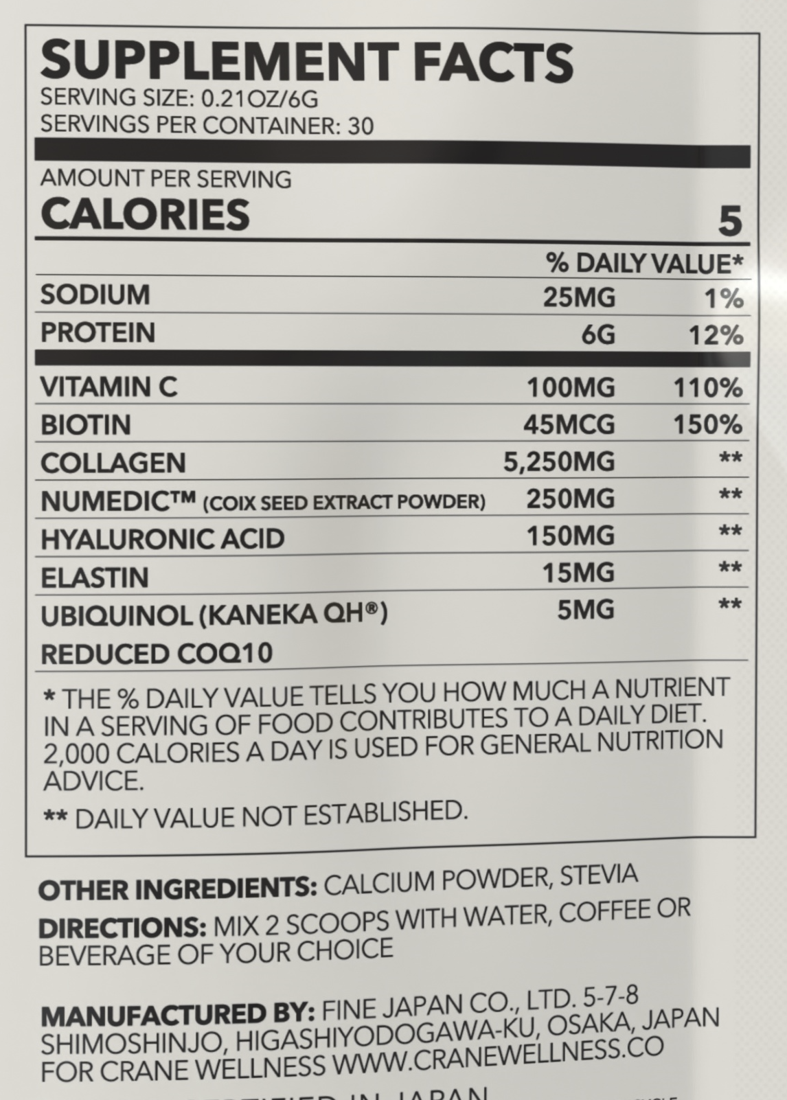 Supplement facts for  Radiant Renew Collagen Hydration Complex powder showing other ingredients (calcium powder, stevia), directions (mix 6g with water or any beverage). Manufactured in Japan by parent company Fine Japan.