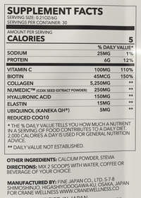 Thumbnail for Supplement facts for  Radiant Renew Collagen Hydration Complex powder showing other ingredients (calcium powder, stevia), directions (mix 6g with water or any beverage). Manufactured in Japan by parent company Fine Japan.