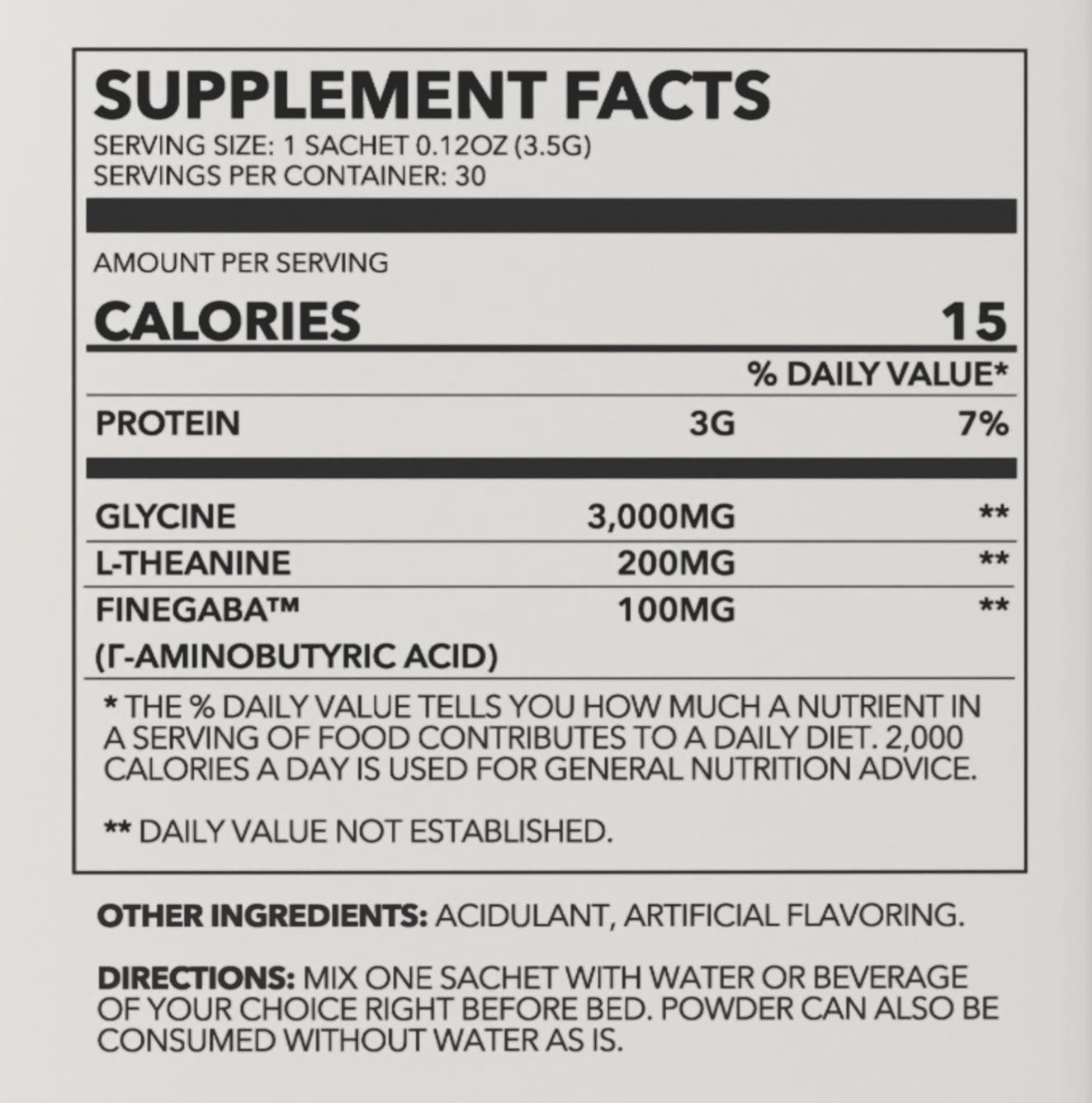 Sleep Well Blend supplement facts showing 3g of protein, glycine 3,000mg, L-Theanine 200mg, FineGABA 100mg.