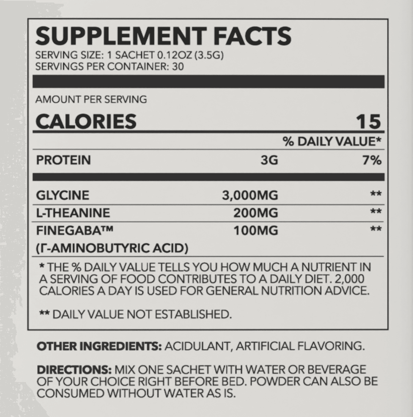 Sleep Well Blend supplement facts showing 3g of protein, glycine 3,000mg, L-Theanine 200mg, FineGABA 100mg.