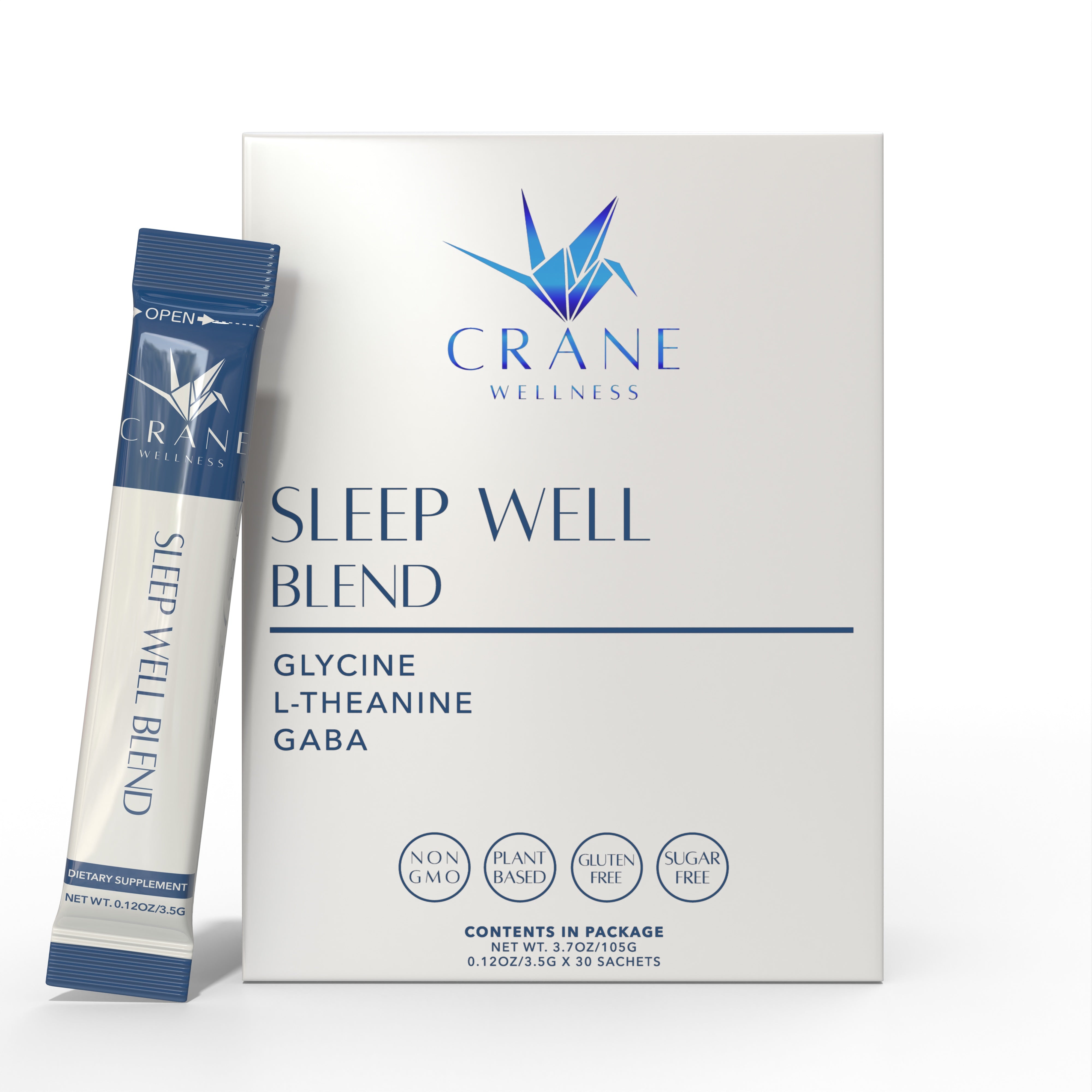 Front of Sleep Well Blend box with powder sachet leaning against the box to show the individually wrapped servings. Melatonin Free, non-gmo, plant based, gluten free, and sugar free. 30 sachets per box. Contains Glycine, L-Theanine, and GABA to support healthy restful sleep.