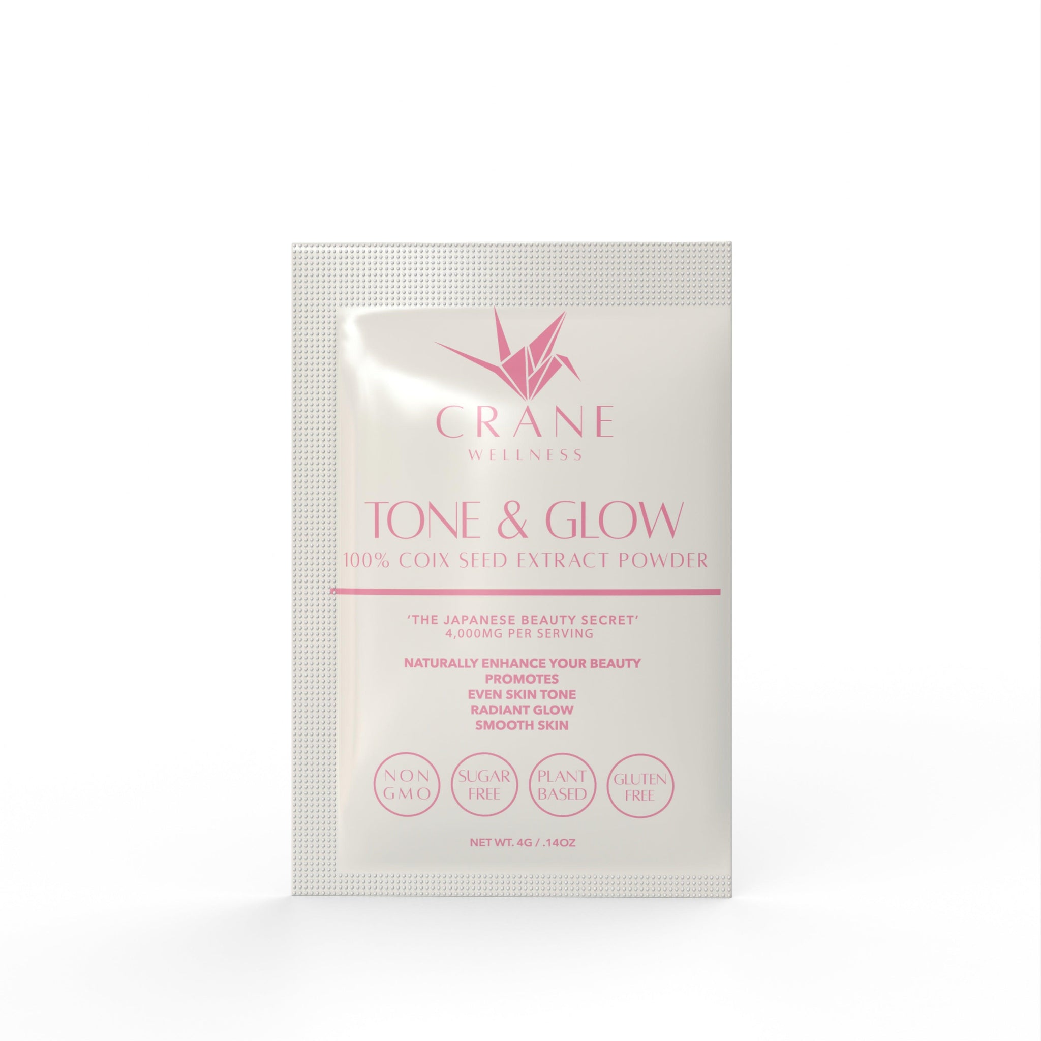 Sample pack of Tone and Glow - 100% pure non-gmo coix seed powder - front view.