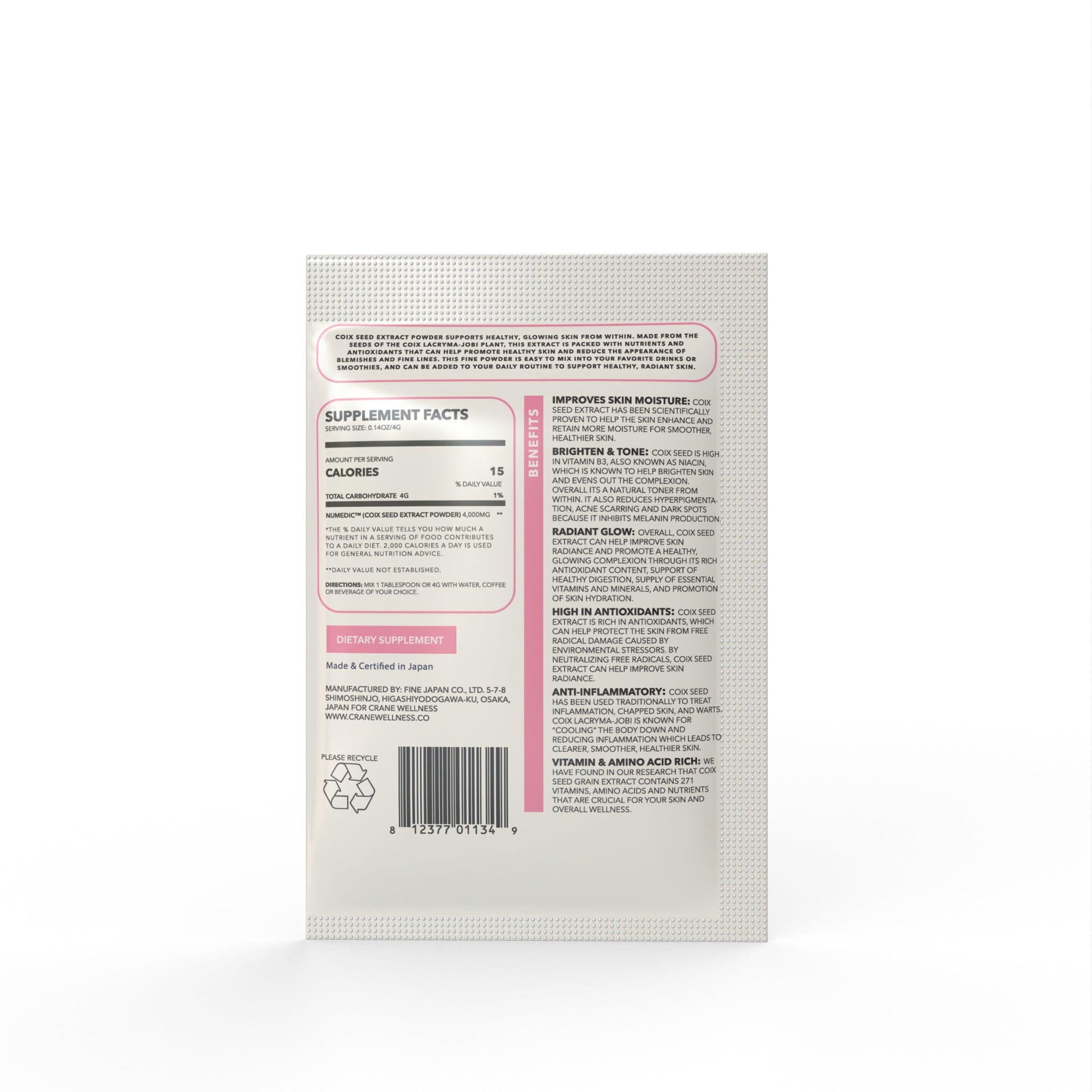 back of sample pack of Tone and Glow powder showing supplement facts and potential benefits