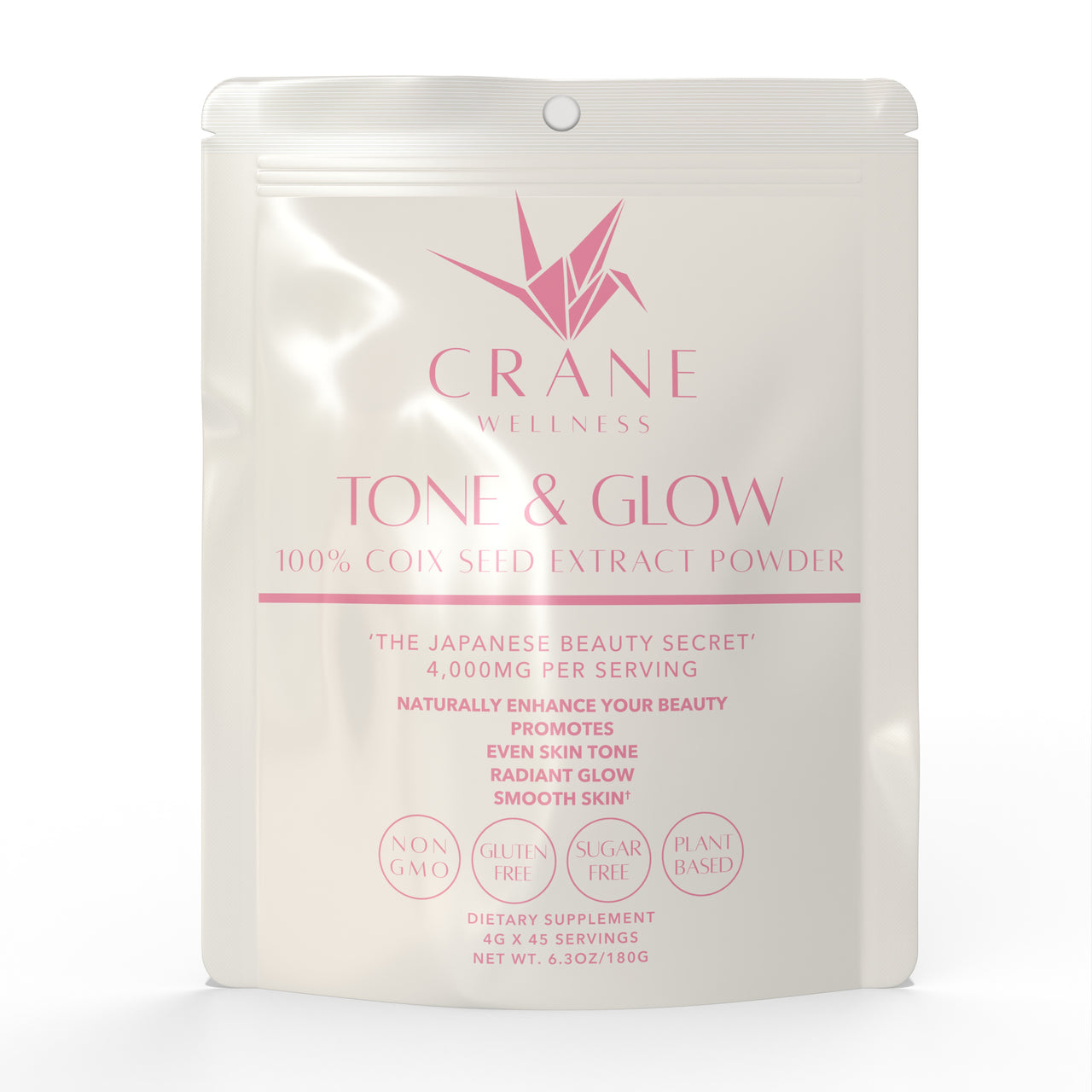 Tone and Glow 100% Pure Non-GMO Coix Seed Extract Powder in a 45 servings bag