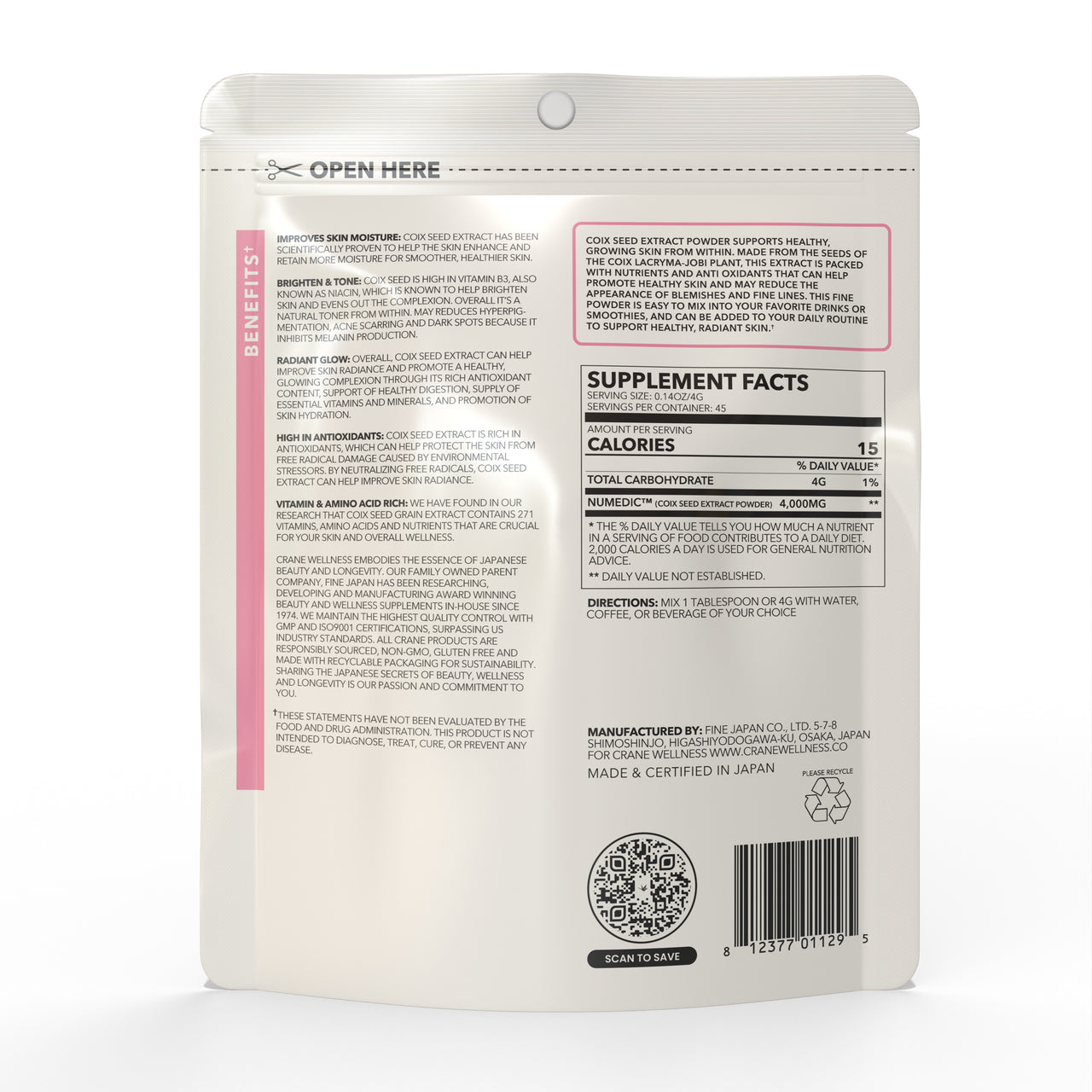 Tone and Glow by Crane Wellness - back of bag with supplement facts and description