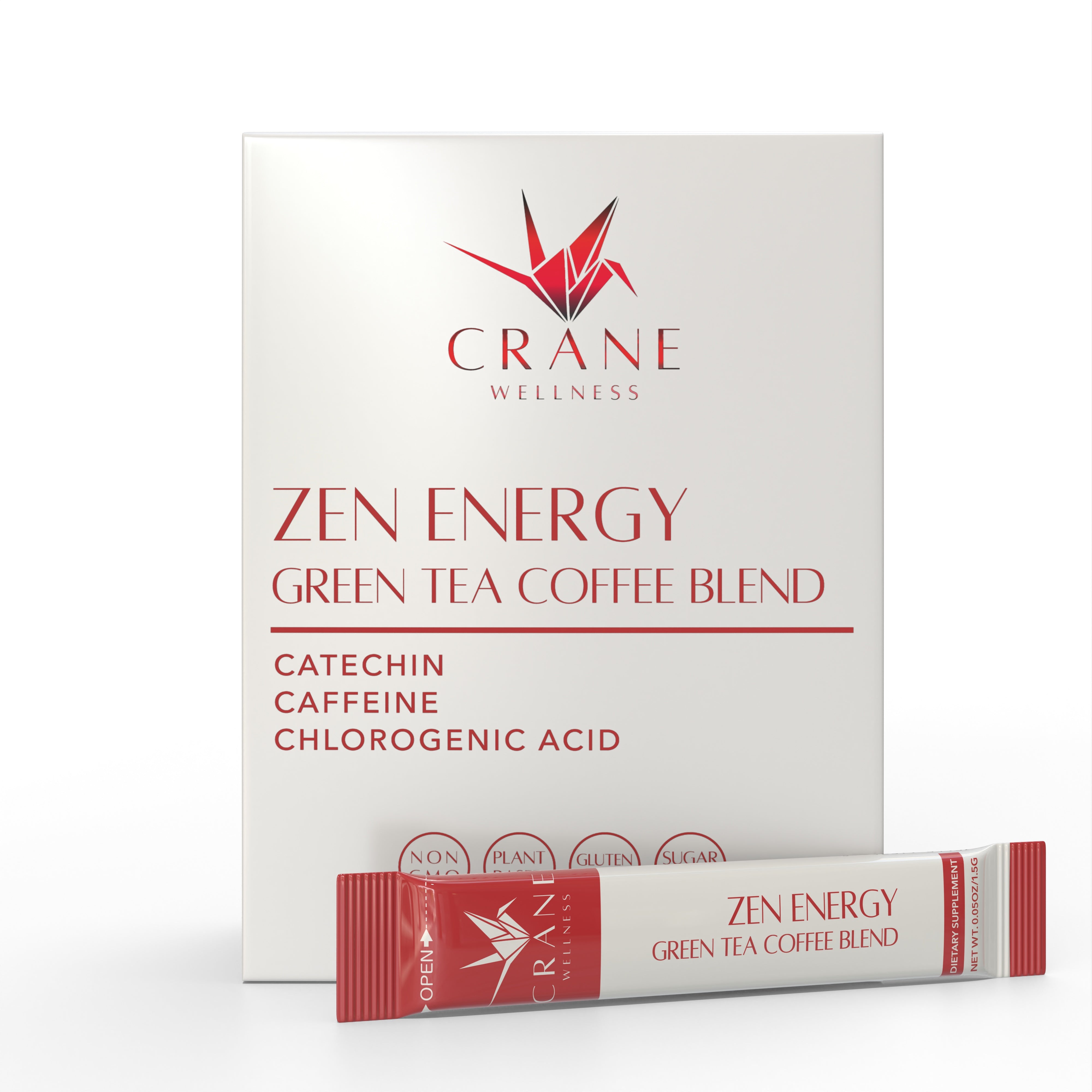 Box of Zen Energy Green Tea and Coffee Blend with one sachet laying down in front of the box.